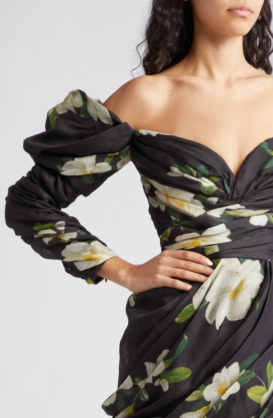 Shop Zimmermann Harmony Floral Print Off The Shoulder Linen & Silk Minidress In Black Magnolia