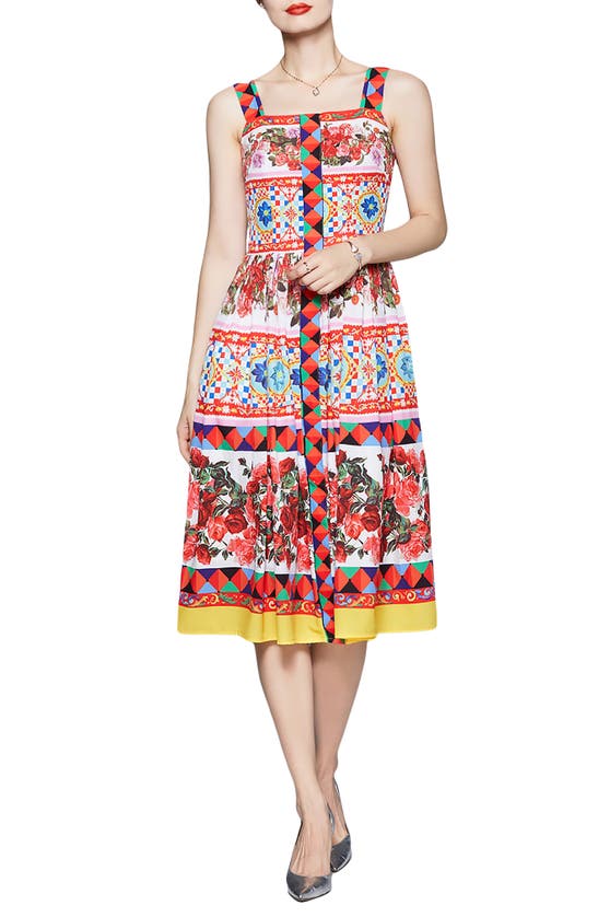 Kaimilan Mix Print Square Neck Midi Dress In Bright Red Multicolor ...