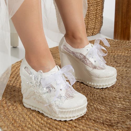 Forever & Always Shoes Sheri Lace Bridal Platform Sneakers In Ivory