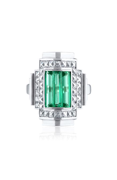 Icon Colombian Emerald & Diamond Step Ring in Platinum