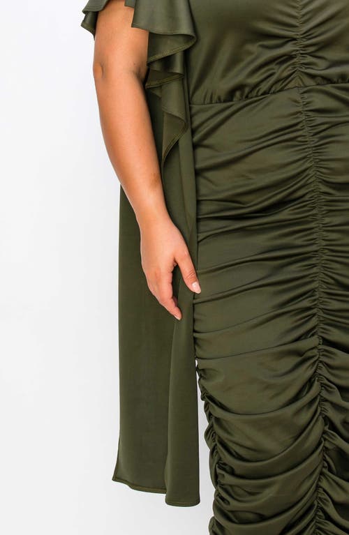 Shop L I V D Nadia Ruched V-neck Midi Dress In Army