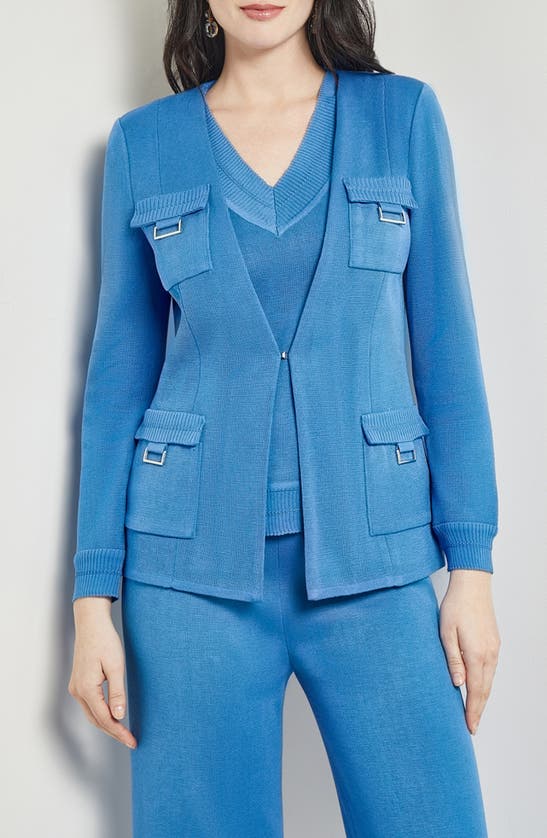 Misook Tailored Metallic Accent Ribbed Flat Knit Jacket In Adriatic Blue