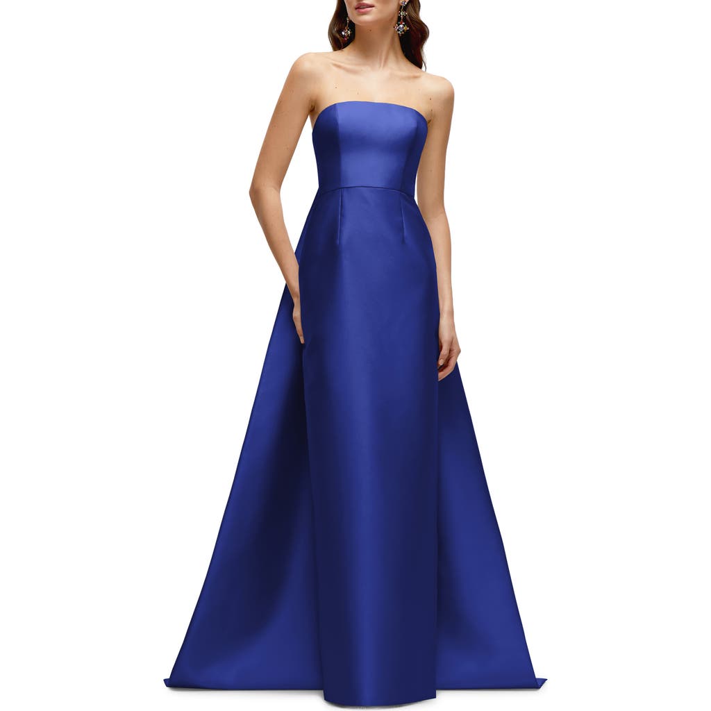 Shop Alfred Sung Strapless Satin Twill Column Gown With Removable Train In Cobalt Blue