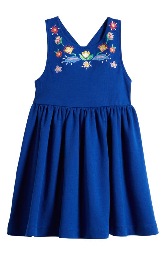 Shop Mini Boden Kids' Embroidered Cotton Crossback Tank Dress In Sapphire Blue Embroidery