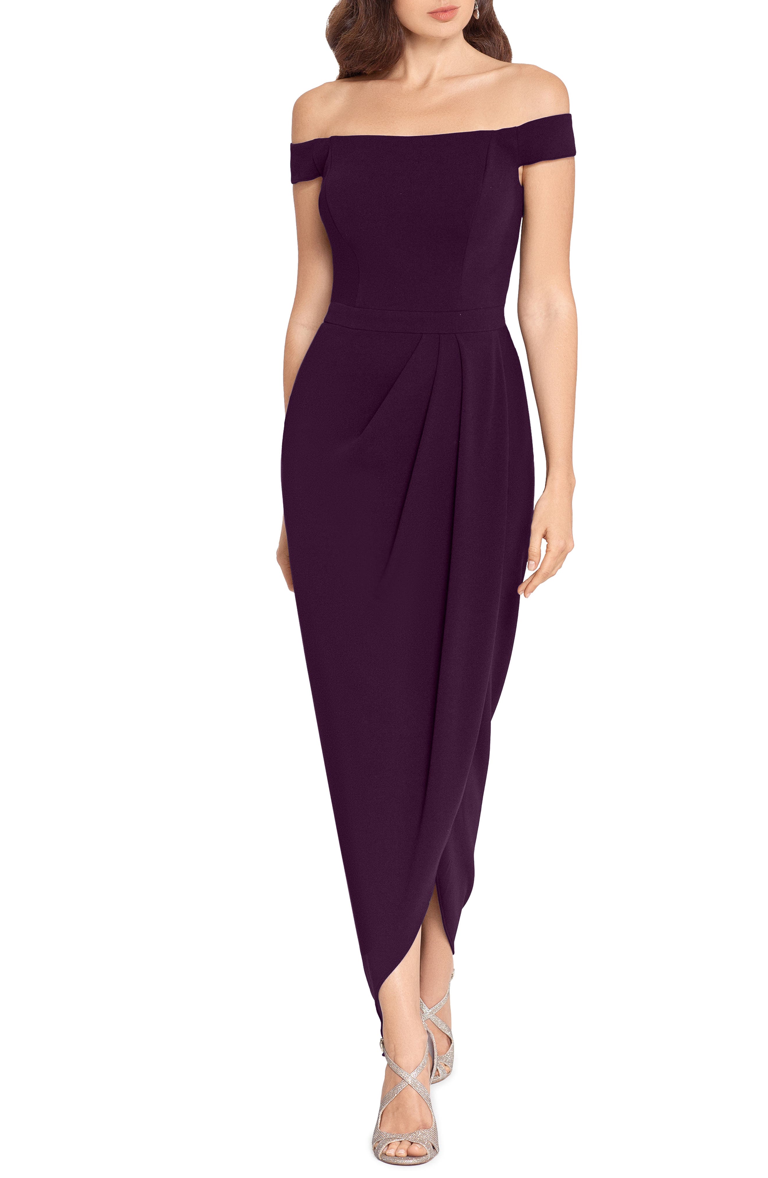 Xscape Off the Shoulder Wrap Front Scuba Crepe Gown in Mulberry