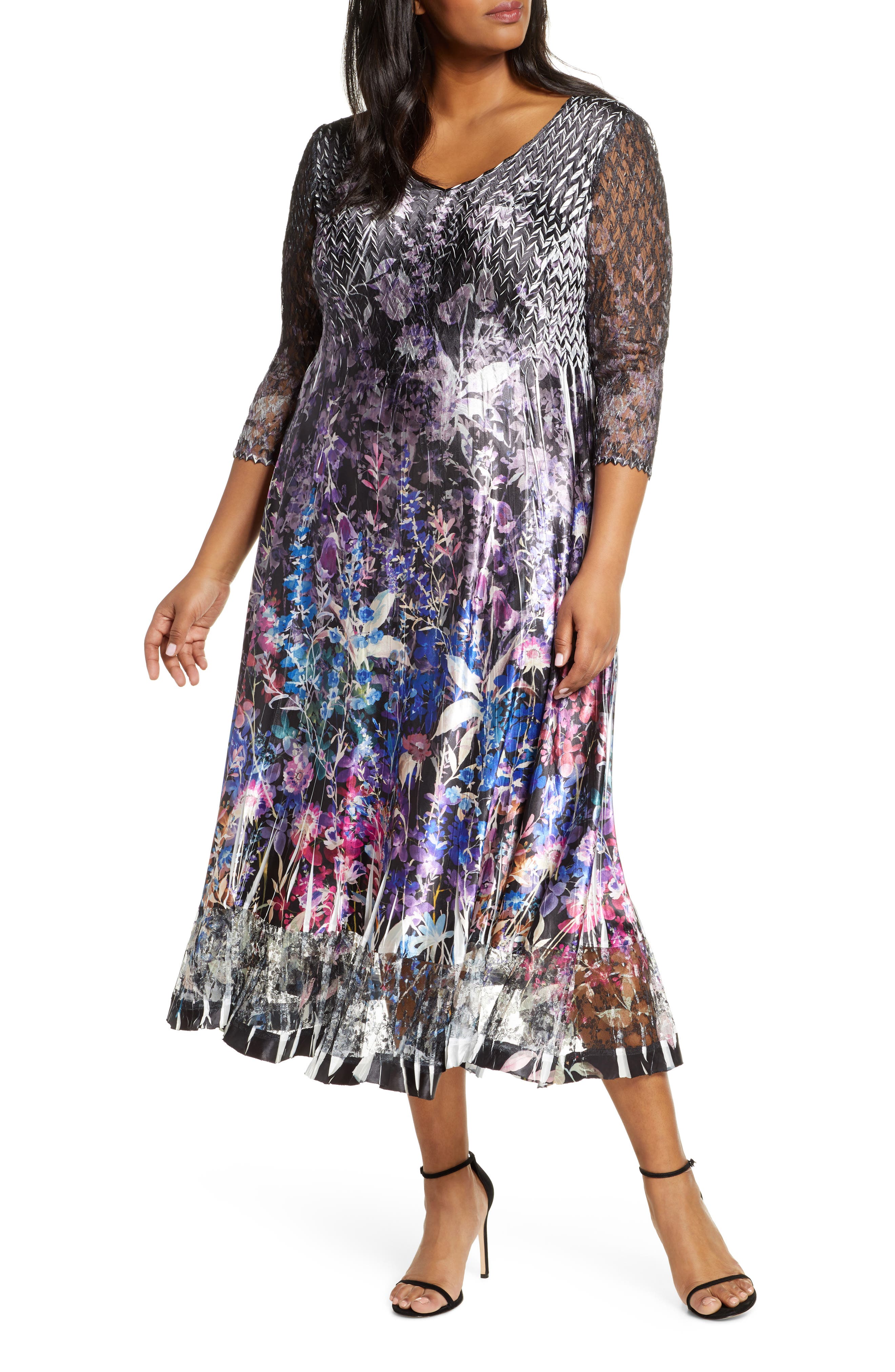 Plus Size Komarov Floral Print Charmeuse & Lace A-Line Dress, Black