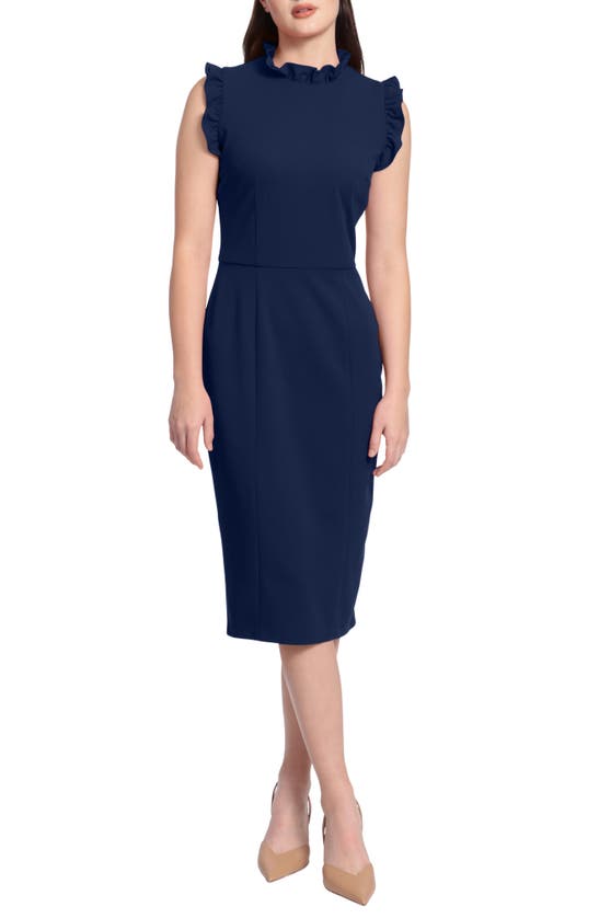 Maggy London Ruffle Mock Neck Sheath Dress In Navy