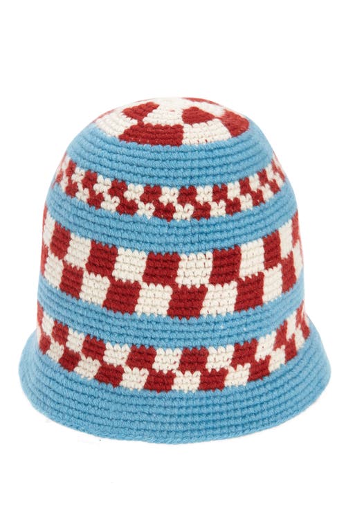 The Elder Statesman Speed Check Crochet Cashmere Bucket Hat in Adriatic/White/Brick