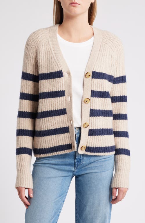 Shop Caslonr Caslon(r) Weekend Chenille Cardigan In Tan Doeskin- Navy Cleo Stripe