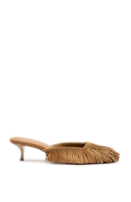 Larroude Sienna Suede Fringe Kitten Mules In Tobacco