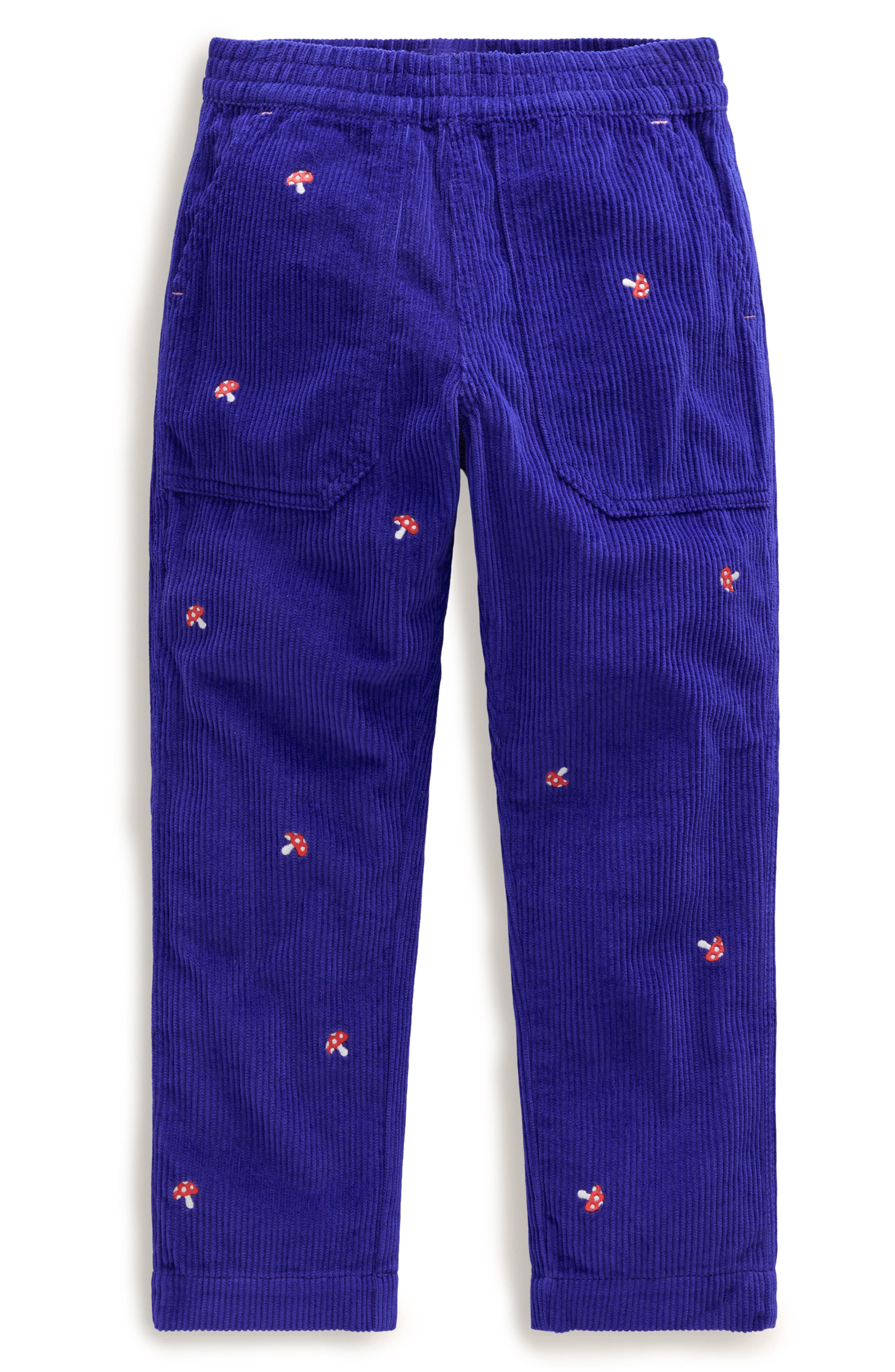 Boden Kids' Embroidered Cotton Corduroy Pants in Sapphire Blue Toadstool 