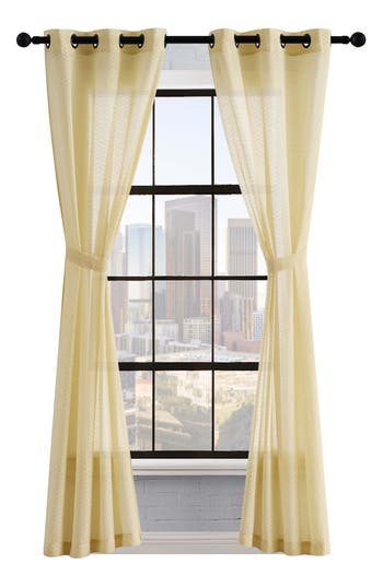 Lucky Brand Larkin Textured Light Filtering Grommet Window Curtain Panel Pair With Tiebacks, 38" X 84" In Gold