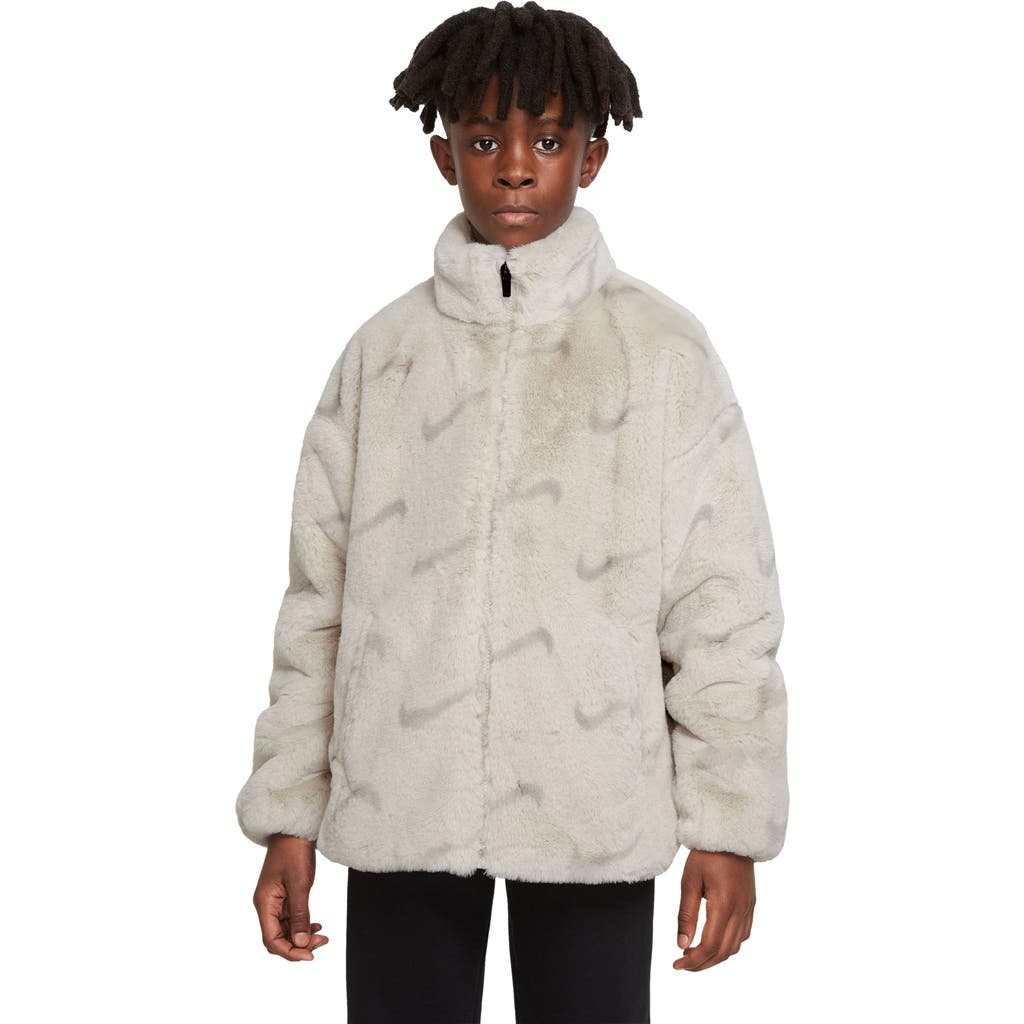 Nike Kids' Sportswear Print Faux Fur Jacket In Light Bone/iron Ore