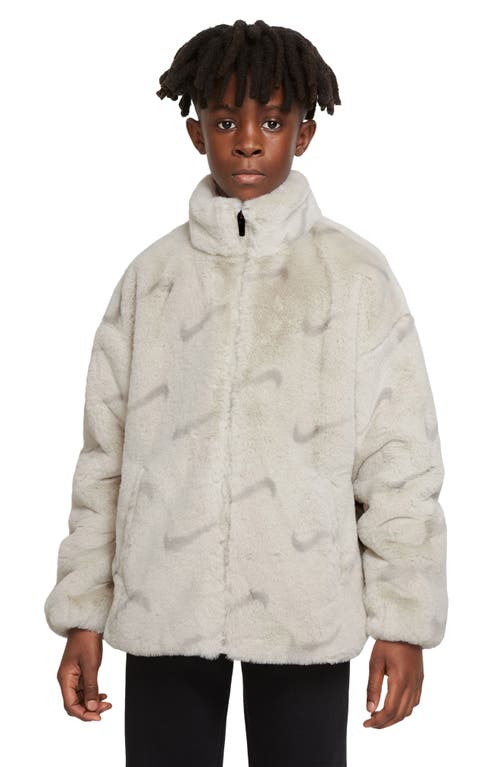 Nike Kids' Sportswear Print Faux Fur Jacket in Light Bone/Iron Ore