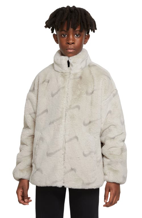 Shop Nike Kids' Sportswear Print Faux Fur Jacket In Light Bone/iron Ore