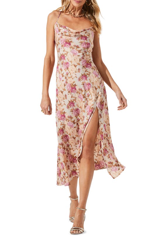 Astr Gaia Strappy Bias Cut Satin Midi Dress In Taupe Fuchsia Floral