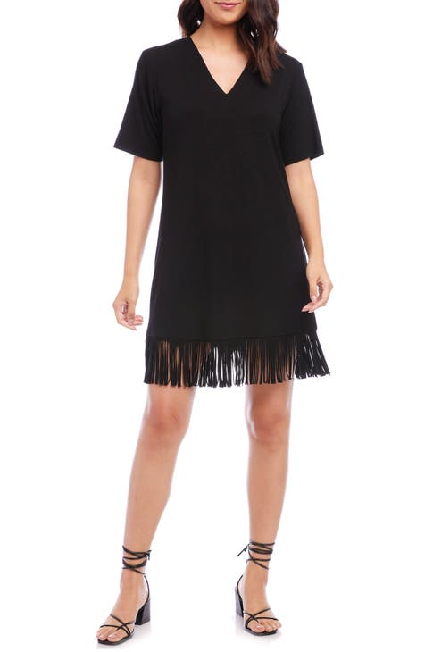 Fringe Trim V-Neck Dress (Petite)