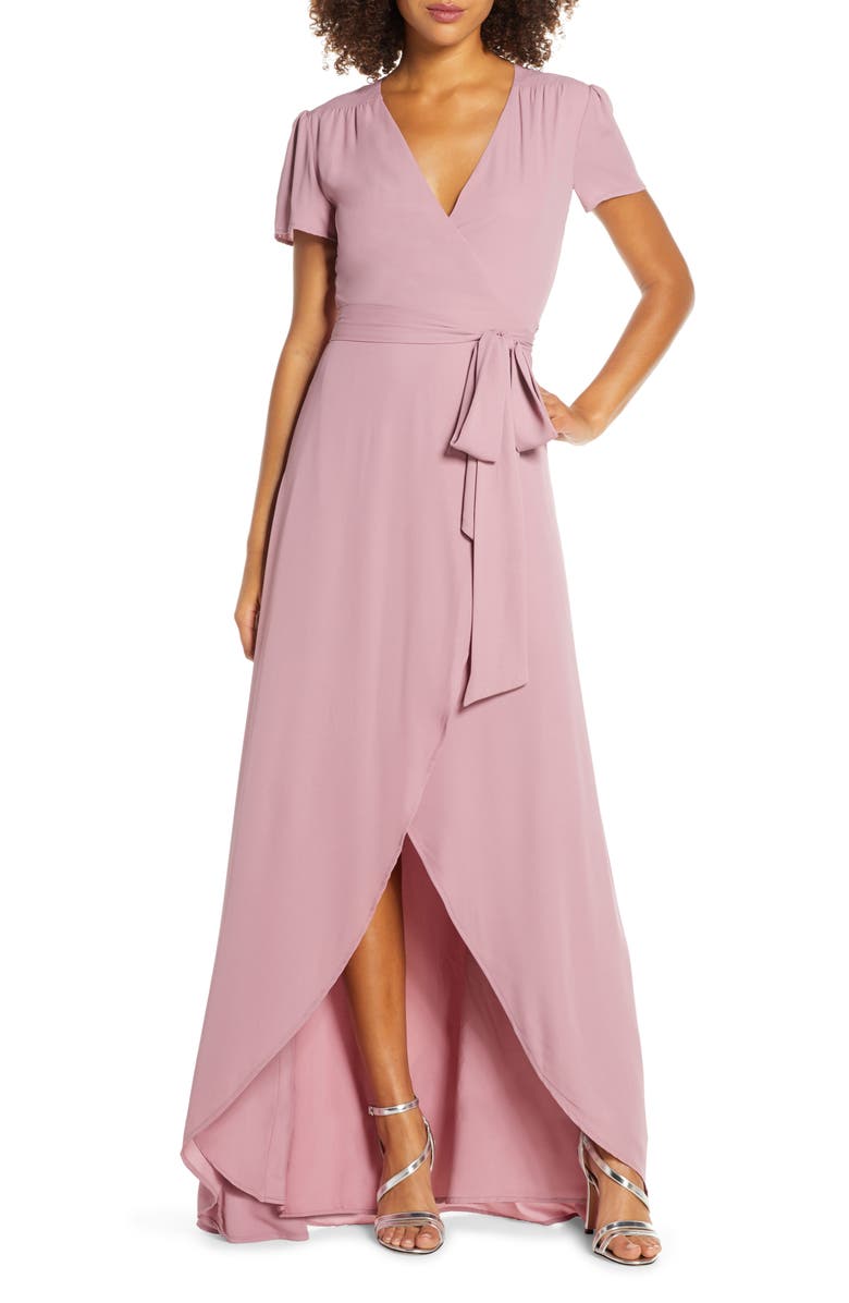 WAYF The Zoey Short Sleeve Wrap Gown, Main, color, MAUVE
