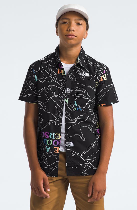 Shop The North Face Kids' Amphibious Print Short Sleeve Button-up Shirt In Black Be A Good Person