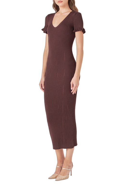 Shop Endless Rose Ruffle Cuff Knit Midi Dress In Chocolate Brown