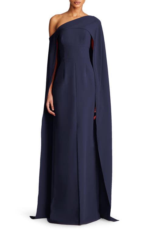 HALSTON Elycia Capelet Stretch Crepe Gown Navy at Nordstrom,