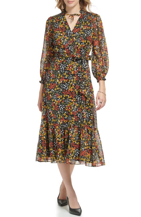 Printed Chiffon Long Sleeve Midi Dress