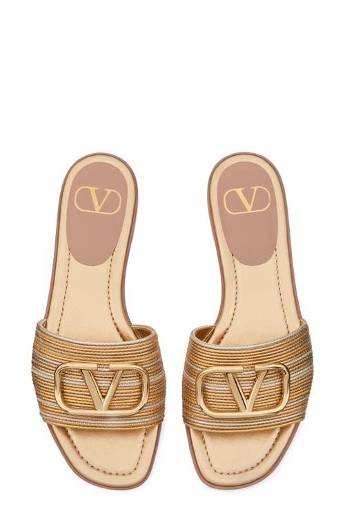 Valentino Garavani Vlogo Signature Metallic Leather Slide Sandal With Cornely Embroidery Woman Gold In Star Gold Multicolor