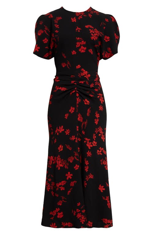 Shop Victoria Beckham Gathered Floral Crepe Midi Dress In Scifi Floral Black