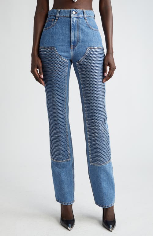 Crystal Embellished High Waist Straight Leg Jeans in Medium Indigo