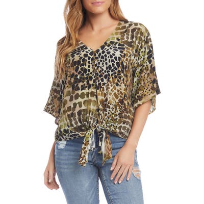 Karen Kane Animal Print Tie Front Top, Green