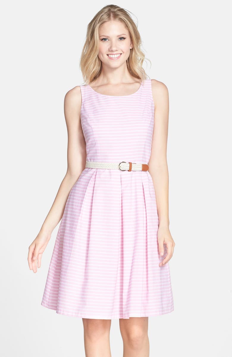 Eliza J Belted Stripe Cotton Fit & Flare Dress | Nordstrom