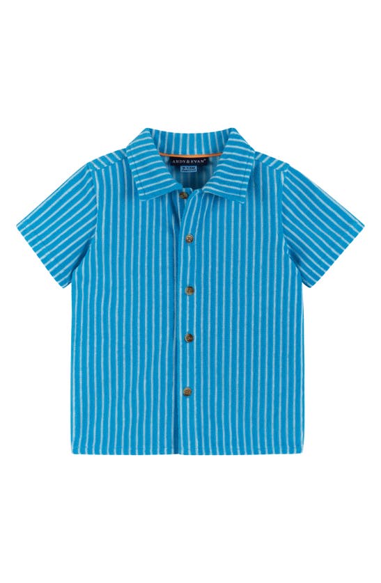 Shop Andy & Evan French Terry Button-up Shirt & Shorts Set In Aqua Stripe