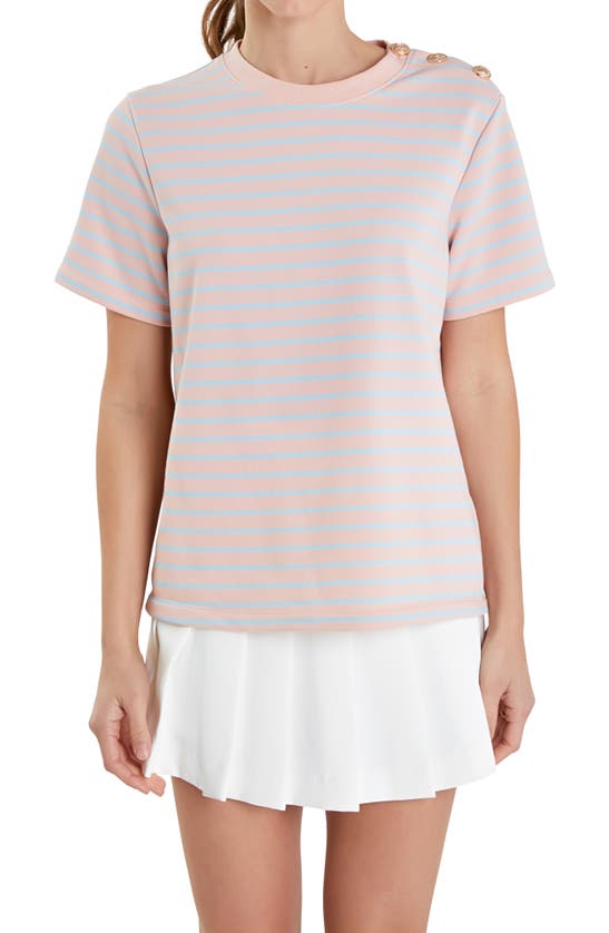 Shop English Factory Button Stripe Jersey T-shirt In Pink/ Blue