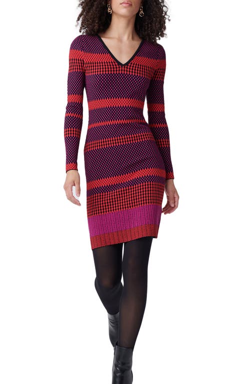 DVF Klaus Stripe Long Sleeve Sweater Dress in Vintage Stripe Red Vntsr