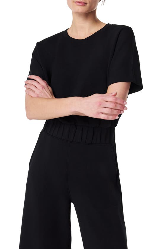 Shop Spanx Airessentials Short Sleeve Crop Wide Leg Jumpsuit In Very Black