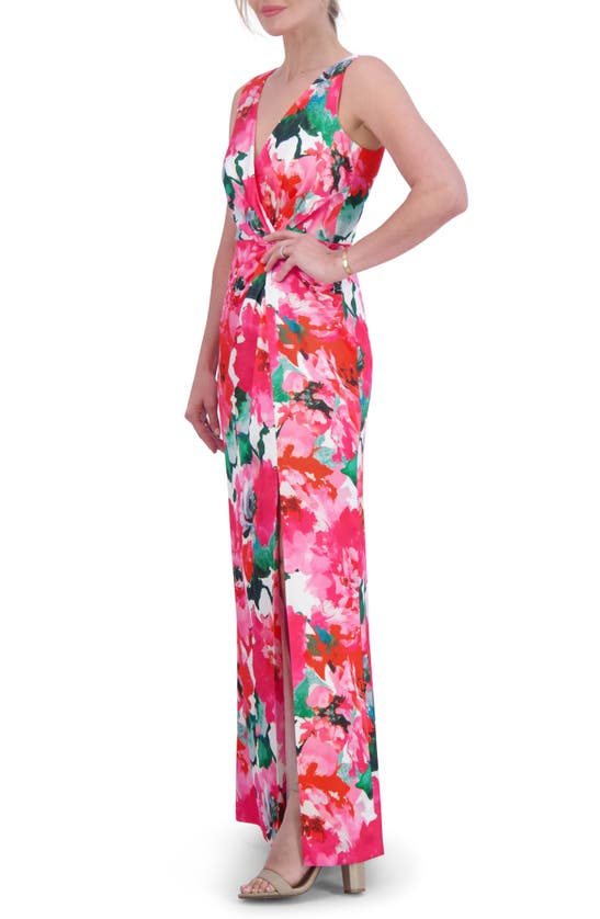 Shop Eliza J Floral Twist Front Sleeveless Gown In Pink Multi