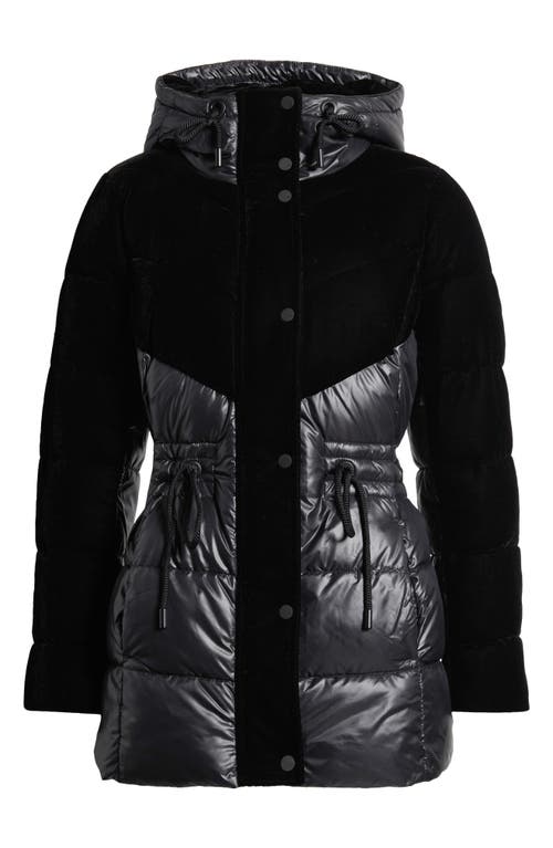 Shop Andrew Marc Velvet Panel Hooded Puffer Jacket In Black