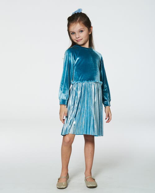 Shop Deux Par Deux Little Girl's Bi-material Long Sleeve Dress Blue Frost In Viridian Green