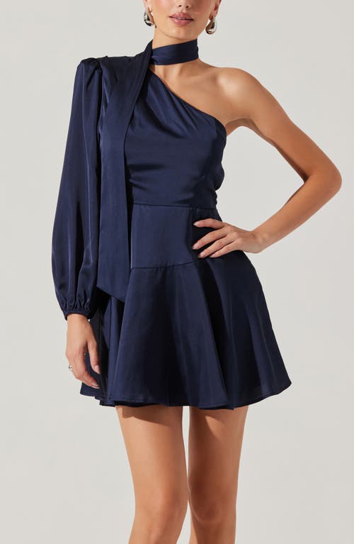 Shop Astr The Label Satin Scarf One-shoulder Minidress In Midnight