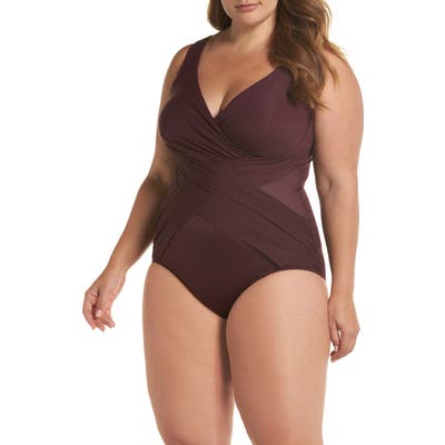 Plus Size Miraclesuit Illusionist Crossover One-Piece Swimsuit, Burgundy