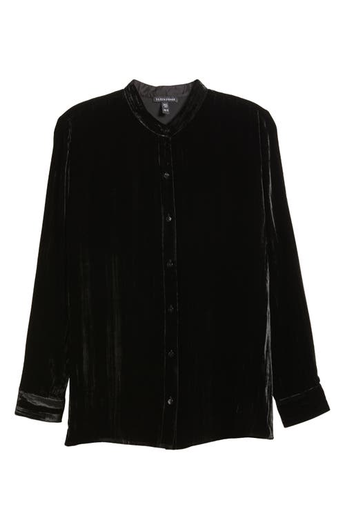 Shop Eileen Fisher Crushed Velvet Band Collar Button-up Shirt In Black