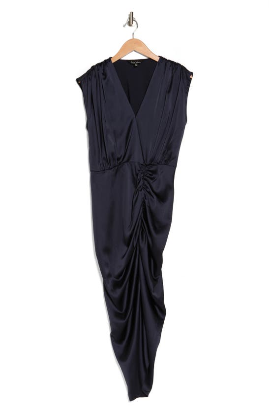 Nicole Miller Hailey Cap Sleeve Ruched Satin Dress In Deep Navy