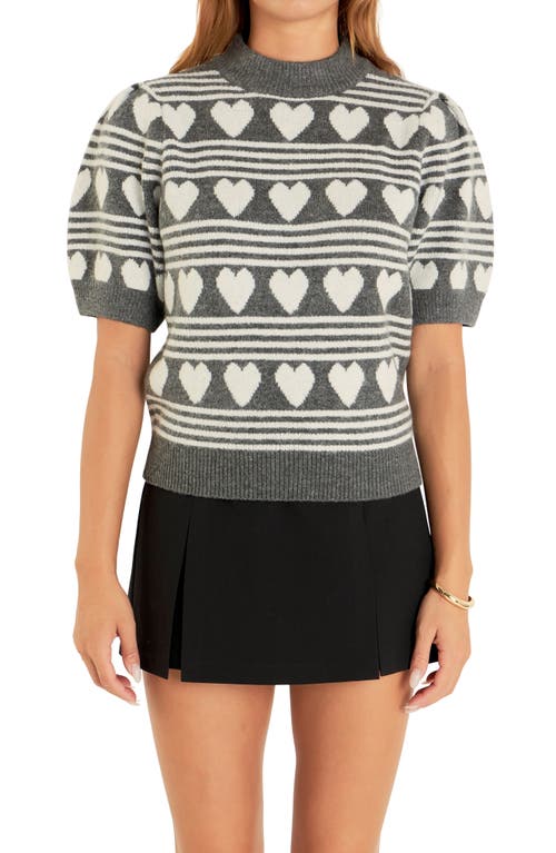 Shop English Factory Heart Stripe Puff Sleeve Sweater In Charcoal/white