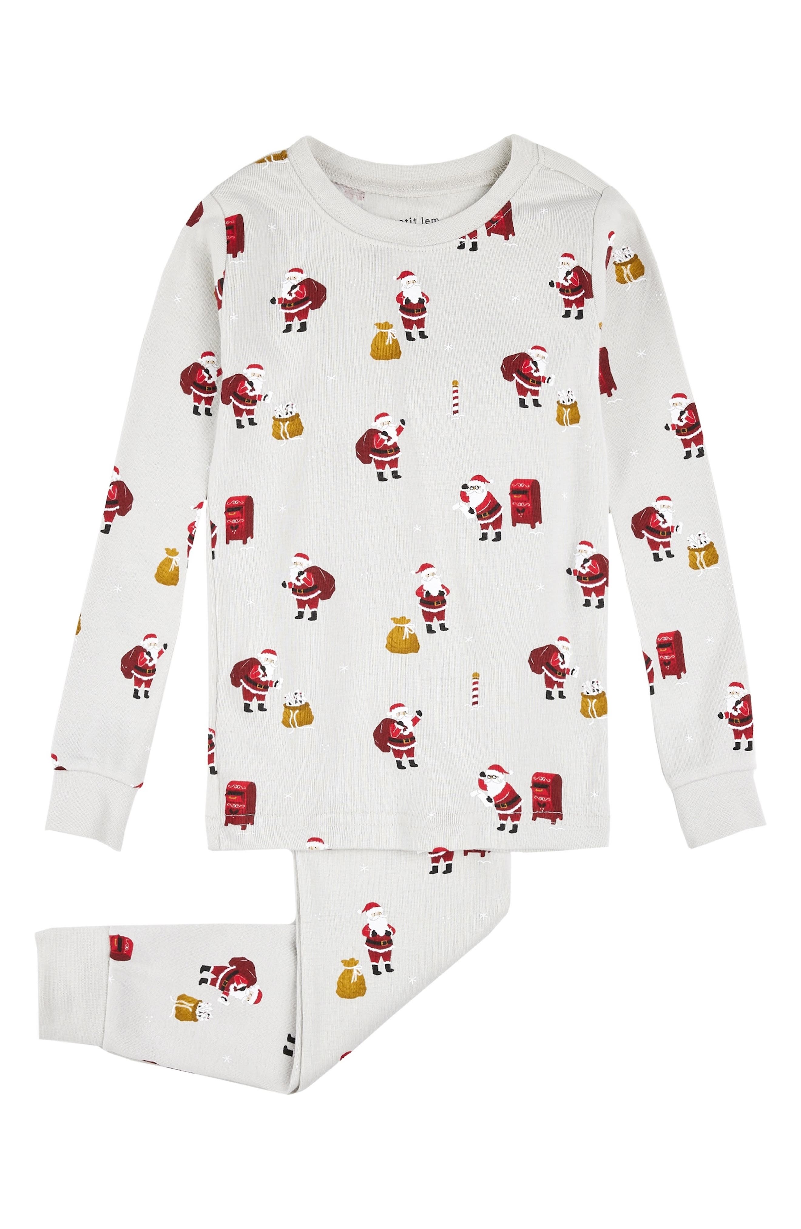 Petit Lem Kids' Santa Print Fitted Organic Cotton Two-Piece Pajamas in Grey 