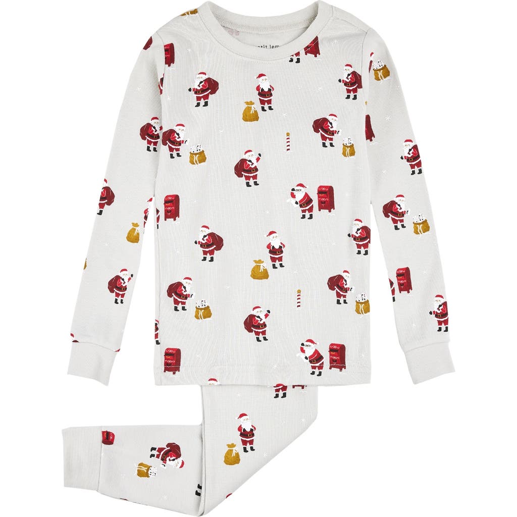 Petit Lem Kids' Santa Print Fitted Organic Cotton Two-Piece Pajamas in Grey