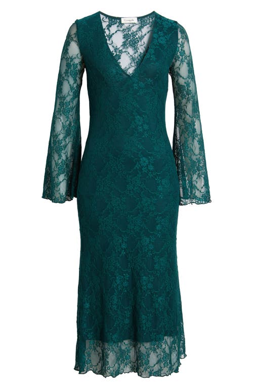 Shop Loveappella Bell Lace Overlay Long Sleeve Midi Dress In Hunter