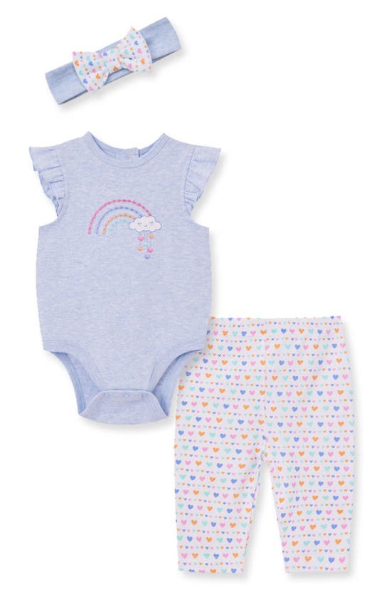Little Me Babies' Rainbow Hearts Cotton Bodysuit, Pants & Headband Set In Blue
