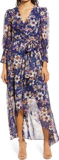 Floral Print High Low Faux Wrap Dress