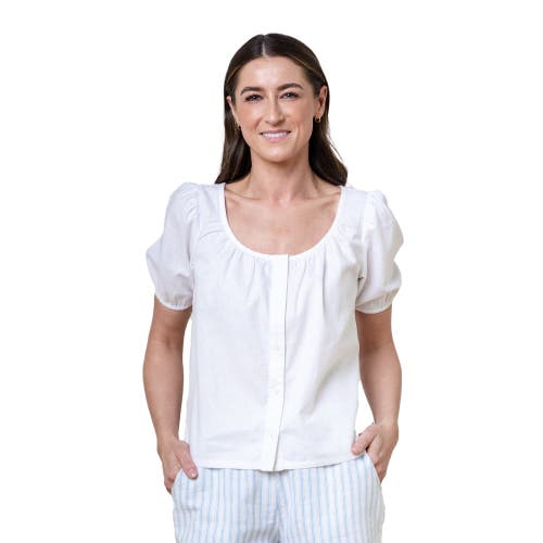 Women's Bubble Sleeve Button Front Relaxed Linen Top in White Puff Linen