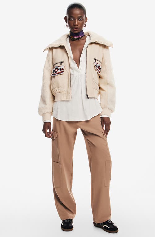 Desigual Chaq Roma Faux Shearling Crop Bomber Jacket In White
